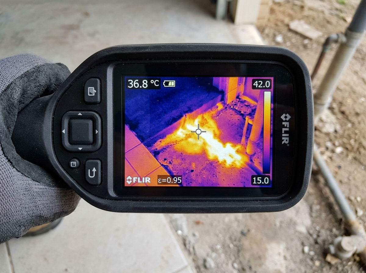 Thermal infrared camera detecting hot water heat bloom radiating through tile floor from an under-slab leak