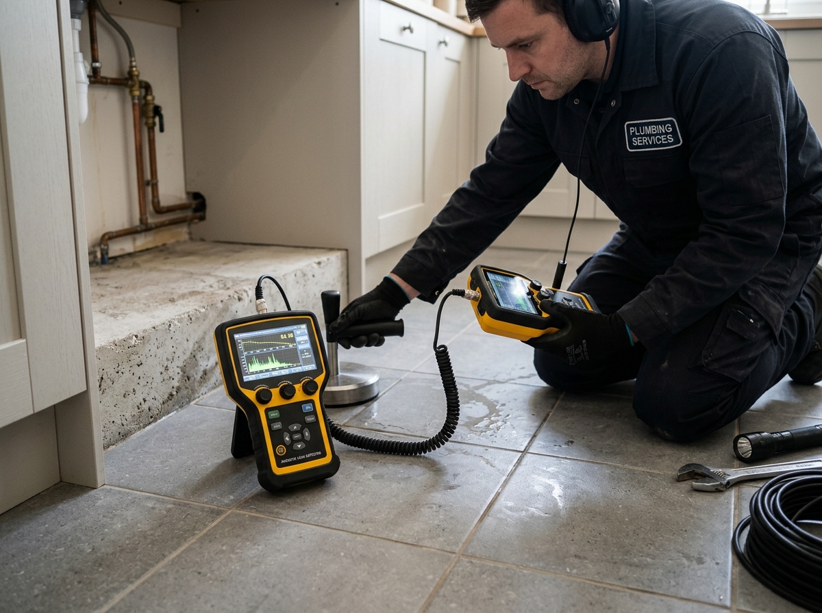 Plumbing technician utilizing digital acoustic listening equipment and thermal imaging on concrete slab